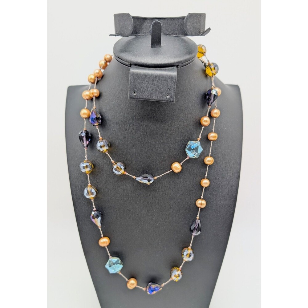 Artisan Crystal Pearl Beaded Necklace Station 36" Iridescent Hand Knotted